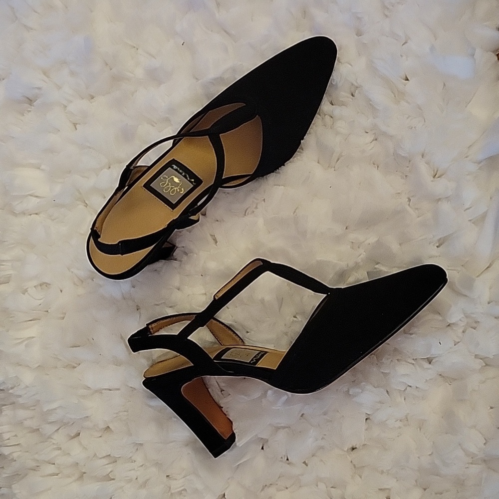 Nina black fabric 3" heels leather sole slingback twist stretch straps sz 6 NEW…